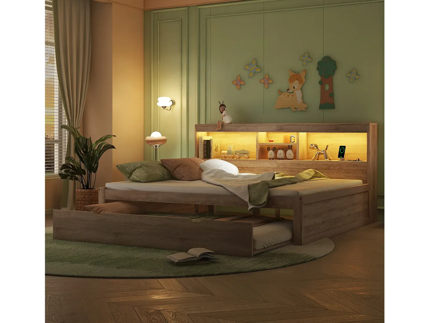 Cama de solteiro 140 x 200 cm + 90 x 190 cm com compartimentos e tomadas USB - LEDs - Aglomerado + MDF - Natural (sem colchão)