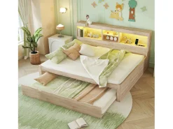 Cama de solteiro 140 x 200 cm + 90 x 190 cm com compartimentos e tomadas USB - LEDs - Aglomerado + MDF - Natural (sem colchão)