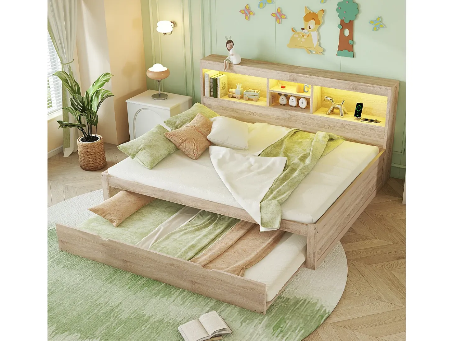 Cama de solteiro 140 x 200 cm + 90 x 190 cm com compartimentos e tomadas USB - LEDs - Aglomerado + MDF - Natural (sem colchão)
