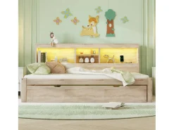 Cama de solteiro 140 x 200 cm + 90 x 190 cm com compartimentos e tomadas USB - LEDs - Aglomerado + MDF - Natural (sem colchão)