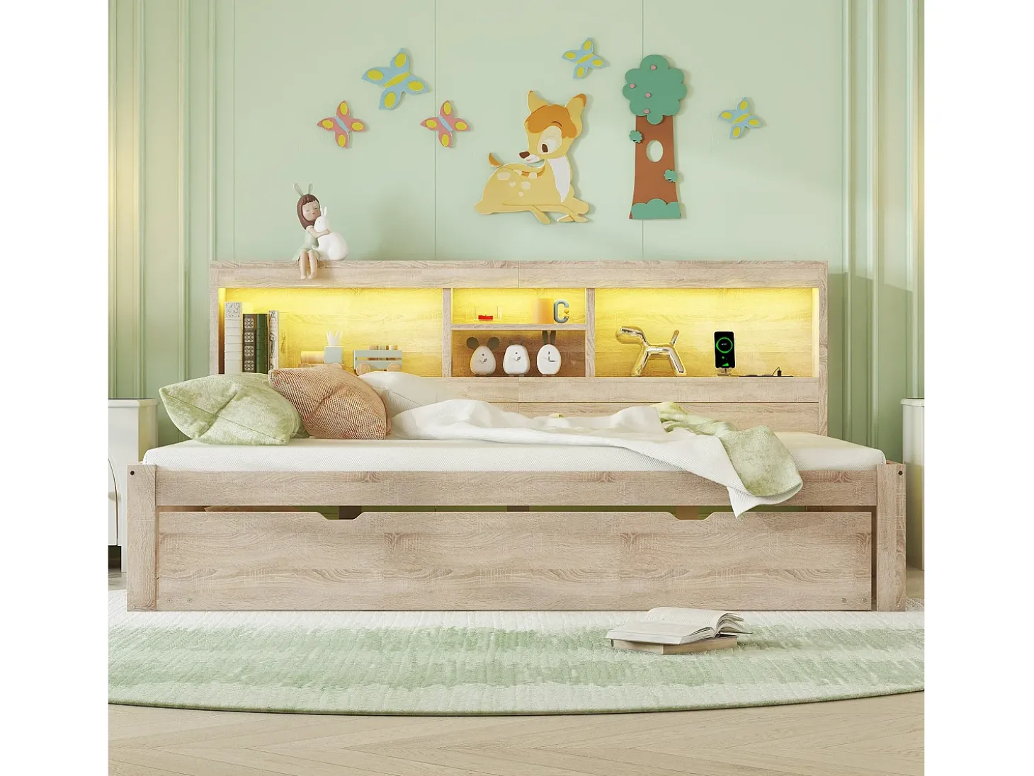 Cama de solteiro 140 x 200 cm + 90 x 190 cm com compartimentos e tomadas USB - LEDs - Aglomerado + MDF - Natural (sem colchão)