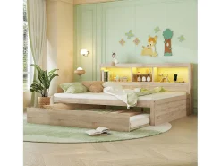 Cama de solteiro 140 x 200 cm + 90 x 190 cm com compartimentos e tomadas USB - LEDs - Aglomerado + MDF - Natural (sem colchão)