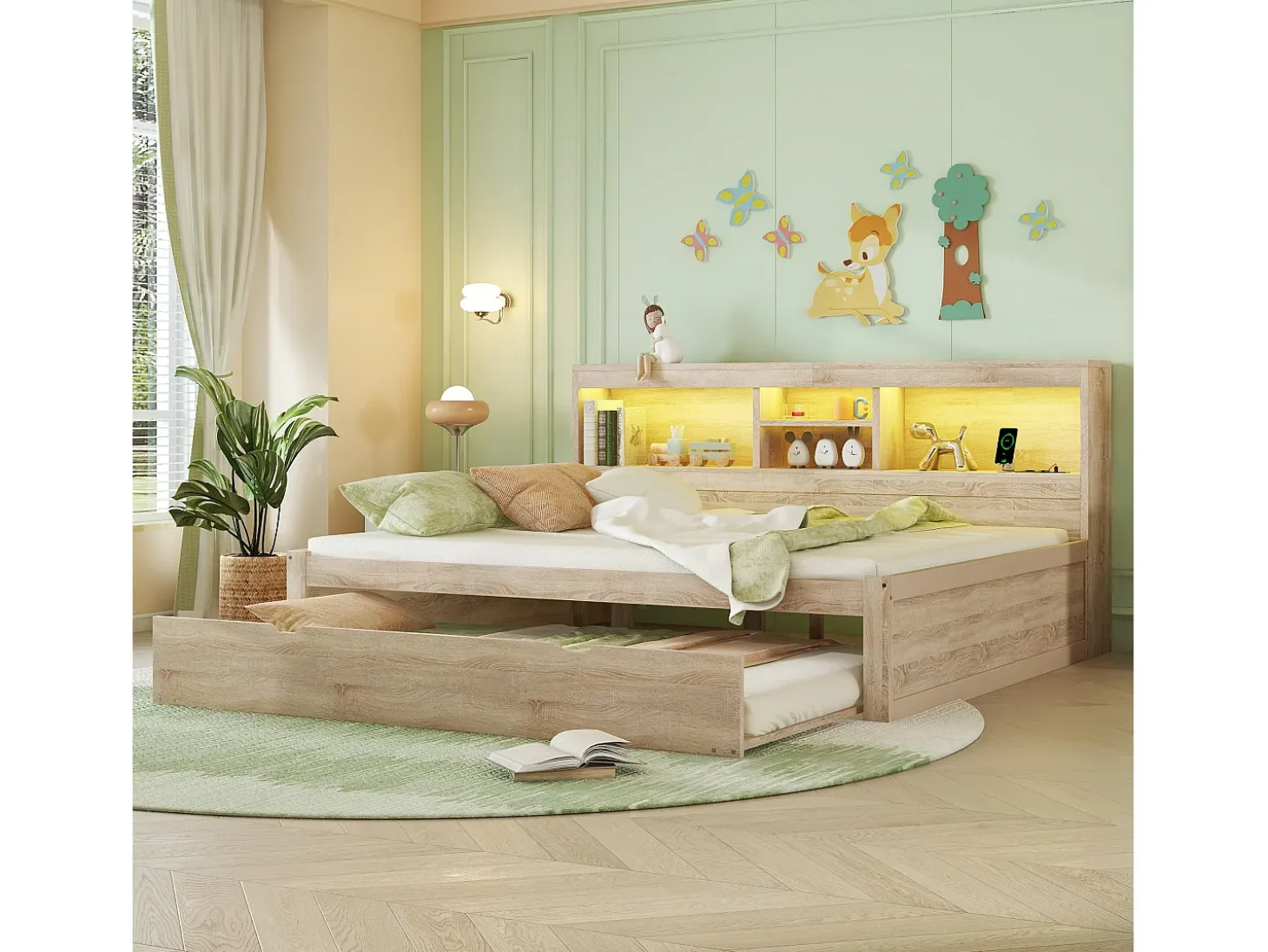 Cama de solteiro 140 x 200 cm + 90 x 190 cm com compartimentos e tomadas USB - LEDs - Aglomerado + MDF - Natural (sem colchão)