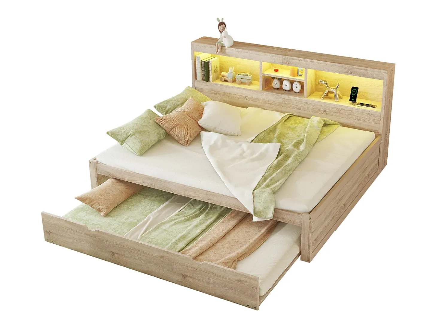 Cama de solteiro 140 x 200 cm + 90 x 190 cm com compartimentos e tomadas USB - LEDs - Aglomerado + MDF - Natural (sem colchão)