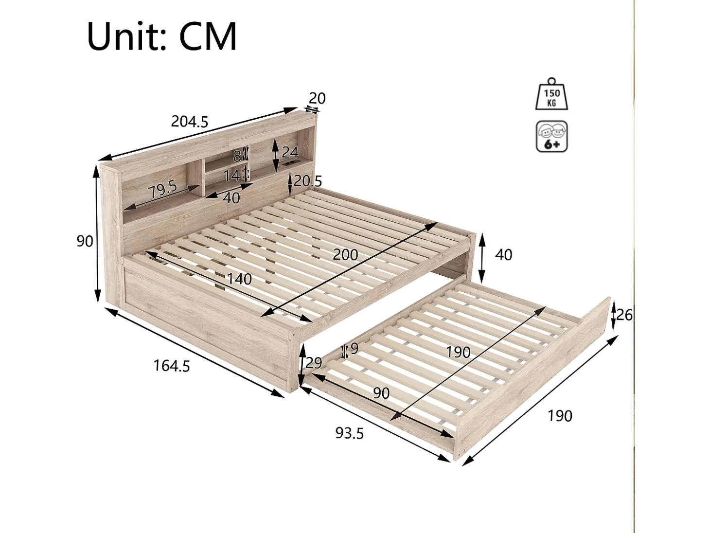 Cama de solteiro 140 x 200 cm + 90 x 190 cm com compartimentos e tomadas USB - LEDs - Aglomerado + MDF - Natural (sem colchão)