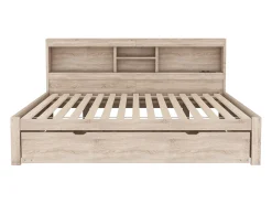 Cama de solteiro 140 x 200 cm + 90 x 190 cm com compartimentos e tomadas USB - LEDs - Aglomerado + MDF - Natural (sem colchão)