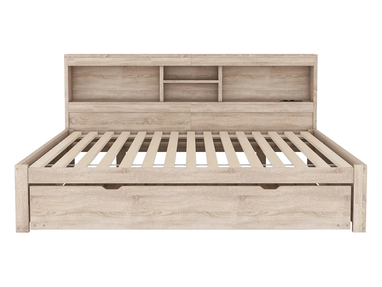 Cama de solteiro 140 x 200 cm + 90 x 190 cm com compartimentos e tomadas USB - LEDs - Aglomerado + MDF - Natural (sem colchão)
