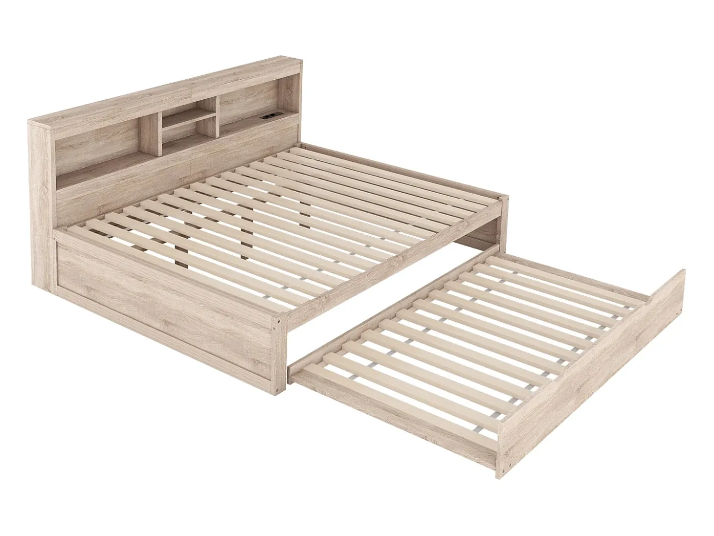 Cama de solteiro 140 x 200 cm + 90 x 190 cm com compartimentos e tomadas USB - LEDs - Aglomerado + MDF - Natural (sem colchão)