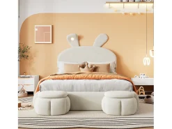 Cama de solteiro 140 x 200 cm - Cama de criança com dois bancos de arrumação e faixa de luz quente - veludo bege - sem colchão
