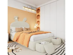 Cama de solteiro 140 x 200 cm - Cama de criança com dois bancos de arrumação e faixa de luz quente - veludo bege - sem colchão