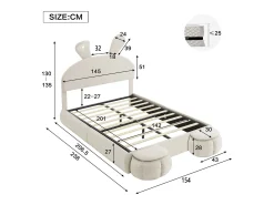 Cama de solteiro 140 x 200 cm - Cama de criança com dois bancos de arrumação e faixa de luz quente - veludo bege - sem colchão
