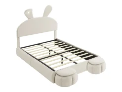 Cama de solteiro 140 x 200 cm - Cama de criança com dois bancos de arrumação e faixa de luz quente - veludo bege - sem colchão