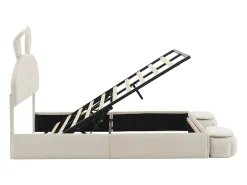 Cama de solteiro 140 x 200 cm - Cama de criança com dois bancos de arrumação e faixa de luz quente - veludo bege - sem colchão