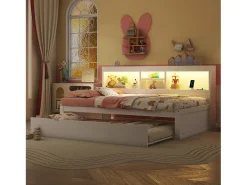 Cama de solteiro 90 x 200 cm + 90 x 190 cm com compartimentos e tomadas USB - LEDs - Aglomerado + MDF - Branco (sem colchão)