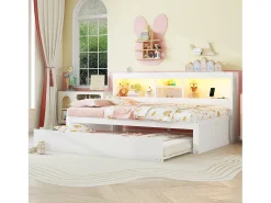 Cama de solteiro 90 x 200 cm + 90 x 190 cm com compartimentos e tomadas USB - LEDs - Aglomerado + MDF - Branco (sem colchão)