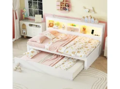 Cama de solteiro 90 x 200 cm + 90 x 190 cm com compartimentos e tomadas USB - LEDs - Aglomerado + MDF - Branco (sem colchão)