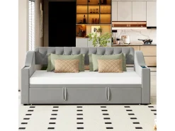 Cama de solteiro 90/180 x 190 cm com cabeceira - 2 bolsos e carregamento USB - Veludo - Cinza