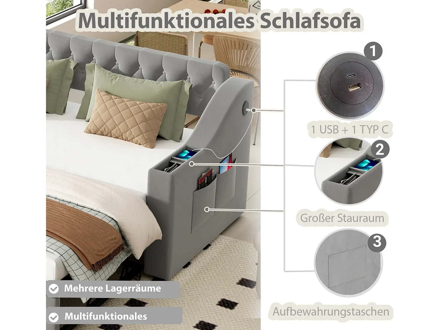 Cama de solteiro 90/180 x 190 cm com cabeceira - 2 bolsos e carregamento USB - Veludo - Cinza