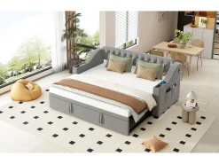 Cama de solteiro 90/180 x 190 cm com cabeceira - 2 bolsos e carregamento USB - Veludo - Cinza