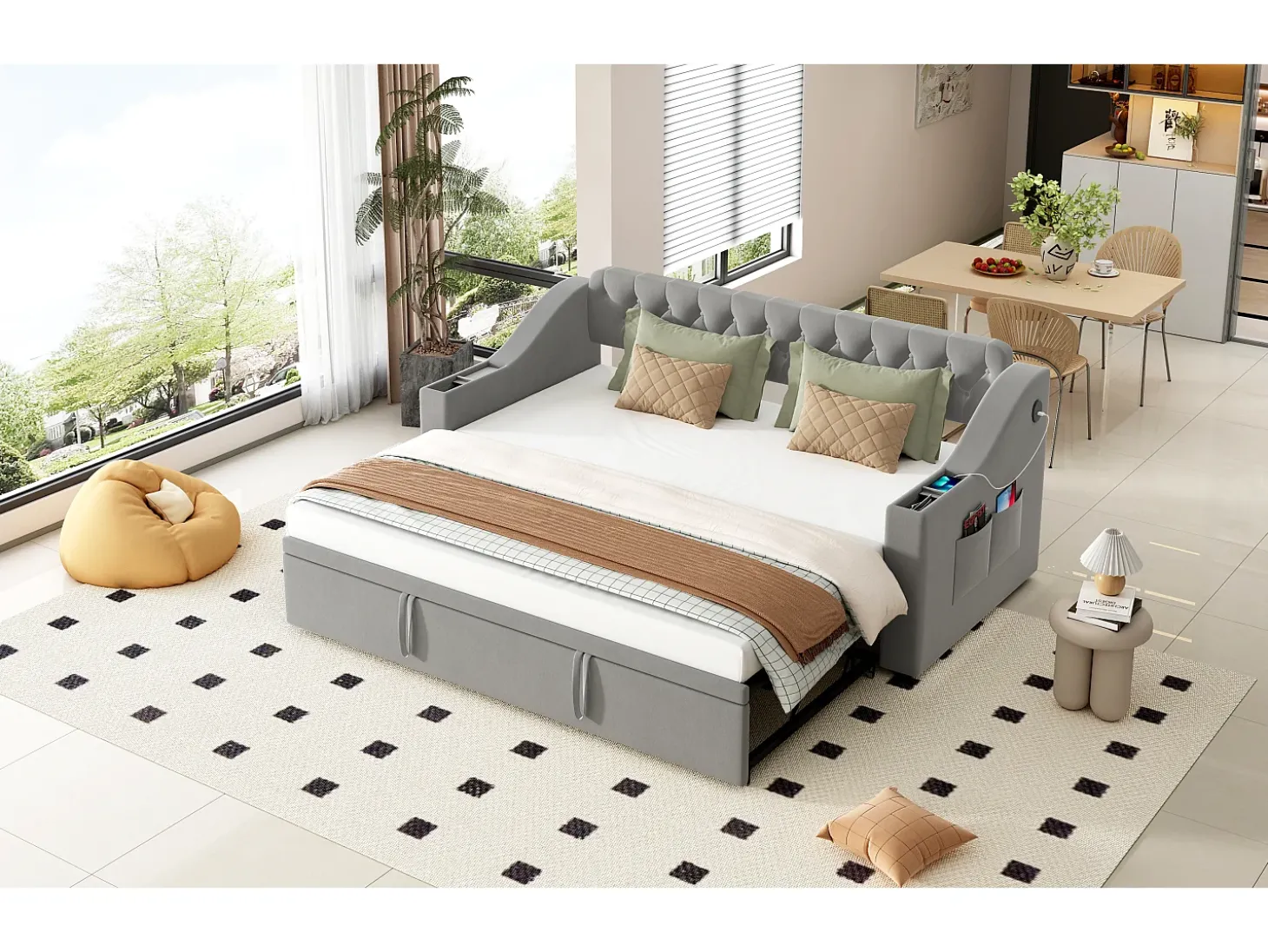 Cama de solteiro 90/180 x 190 cm com cabeceira - 2 bolsos e carregamento USB - Veludo - Cinza