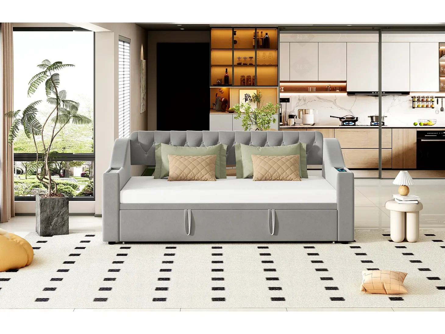 Cama de solteiro 90/180 x 190 cm com cabeceira - 2 bolsos e carregamento USB - Veludo - Cinza