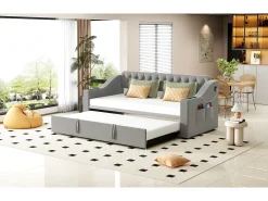 Cama de solteiro 90/180 x 190 cm com cabeceira - 2 bolsos e carregamento USB - Veludo - Cinza
