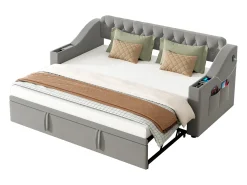 Cama de solteiro 90/180 x 190 cm com cabeceira - 2 bolsos e carregamento USB - Veludo - Cinza