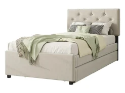 Cama de solteiro em veludo com cama auxiliar 90x200cm - Bege