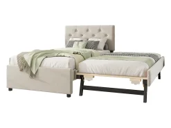 Cama de solteiro em veludo com cama auxiliar 90x200cm - Bege