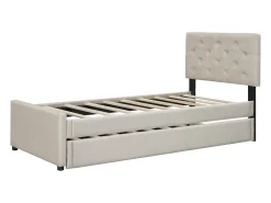 Cama de solteiro em veludo com cama auxiliar 90x200cm - Bege