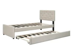 Cama de solteiro em veludo com cama auxiliar 90x200cm - Bege