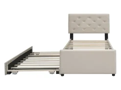 Cama de solteiro em veludo com cama auxiliar 90x200cm - Bege