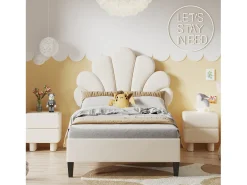 Cama de solteiro estofada 90 x 200 cm - cabeceira em forma de flor - estrado de ripas - veludo - Bege