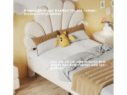 Cama de solteiro estofada 90 x 200 cm - cabeceira em forma de flor - estrado de ripas - veludo - Bege