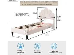 Cama de solteiro estofada 90 x 200 cm - cabeceira em forma de flor - estrado de ripas - veludo - Bege