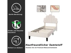 Cama de solteiro estofada 90 x 200 cm - cabeceira em forma de flor - estrado de ripas - veludo - Bege