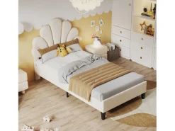 Cama de solteiro estofada 90 x 200 cm - cabeceira em forma de flor - estrado de ripas - veludo - Bege