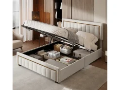 Cama de veludo com arrumação 140x200cm - cama de arrumação funcional - cama de casal - base de ripas e caixa de arrumação hidráulica - bege