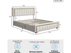 Cama de veludo com arrumação 140x200cm - cama de arrumação funcional - cama de casal - base de ripas e caixa de arrumação hidráulica - bege