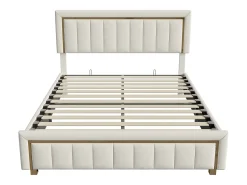 Cama de veludo com arrumação 140x200cm - cama de arrumação funcional - cama de casal - base de ripas e caixa de arrumação hidráulica - bege