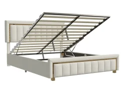 Cama de veludo com arrumação 140x200cm - cama de arrumação funcional - cama de casal - base de ripas e caixa de arrumação hidráulica - bege