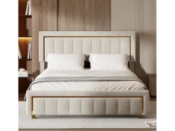 Cama de veludo com arrumação 160x200cm - cama de arrumação funcional - cama de casal - base de ripas e caixa de arrumação hidráulica - bege