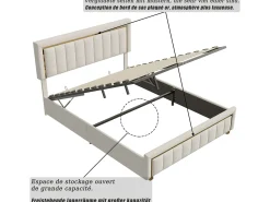 Cama de veludo com arrumação 160x200cm - cama de arrumação funcional - cama de casal - base de ripas e caixa de arrumação hidráulica - bege