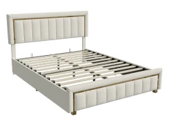 Cama de veludo com arrumação 160x200cm - cama de arrumação funcional - cama de casal - base de ripas e caixa de arrumação hidráulica - bege