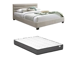 Cama de 140x190 cm em tecido de cor bege + colchão - FAUSTIN