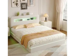 Cama de 140x200 cm em veludo bege com LEDs integrados, cabeceira com arrumação e sistema hidráulico.