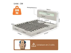 Cama de 140x200 cm em veludo bege com LEDs integrados, cabeceira com arrumação e sistema hidráulico.