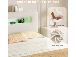 Cama de 140x200 cm em veludo bege com LEDs integrados, cabeceira com arrumação e sistema hidráulico.
