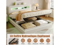 Cama de 140x200 cm em veludo bege com LEDs integrados, cabeceira com arrumação e sistema hidráulico.