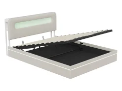 Cama de 140x200 cm em veludo bege com LEDs integrados, cabeceira com arrumação e sistema hidráulico.